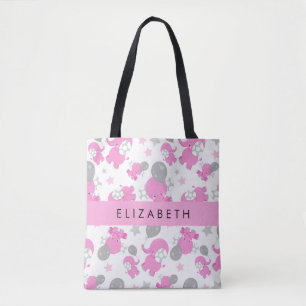Pattern Of Pink Elephants, Stars, Your Name Tote Bag