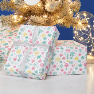 Pattern Of Pink, Yellow & Green Snowflakes White Wrapping Paper