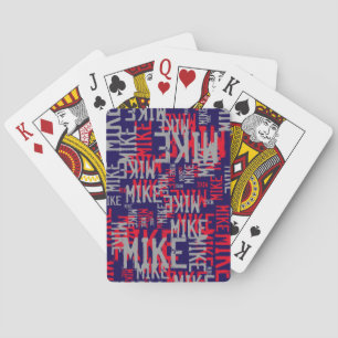 pattern of red/grey names on cool black playing cards