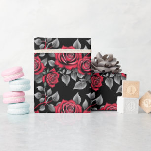 Pattern Of Red Roses On A Black Background Wrapping Paper