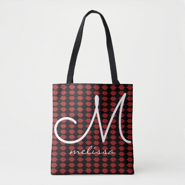 pattern of reddish lips beauty monogram tote bag (Front)
