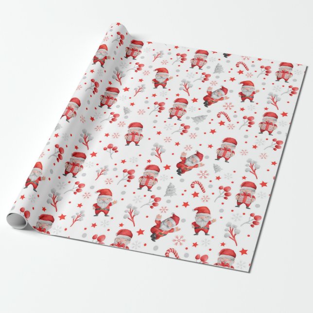 Pattern Of Santas. Gifts, Trees On White Wrapping Paper (Unrolled)