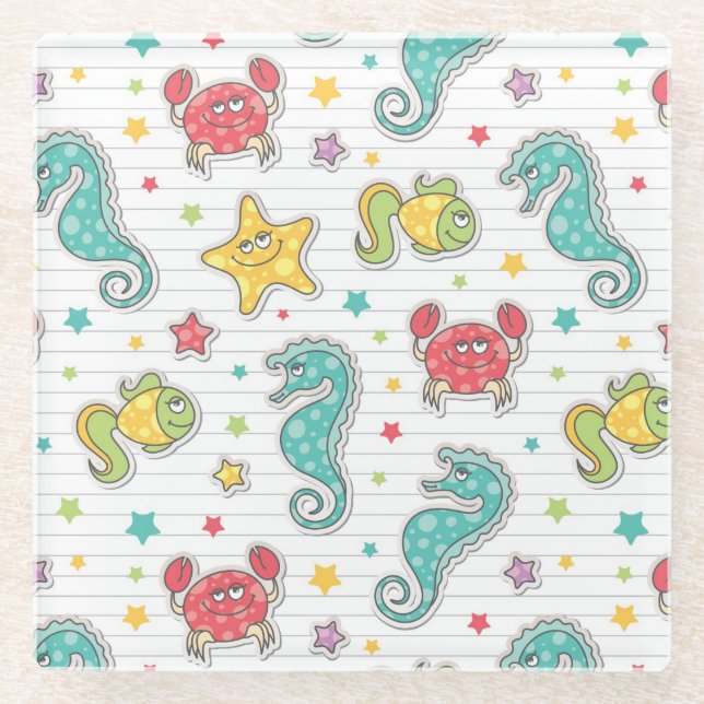 pattern of sea creatures glass coaster (Front)