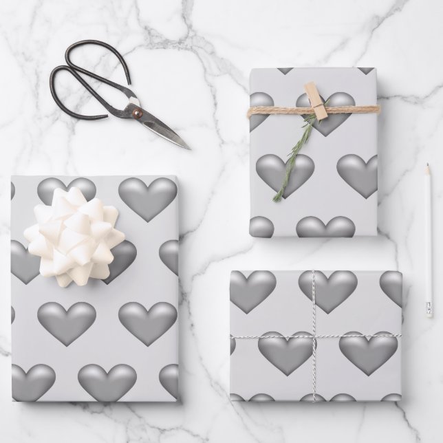 Pattern Of Silver Grey Colour Hearts Wrapping Paper Sheet (Front)