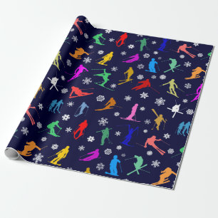 Pattern Of Skiers. Colourful Silhouettes On Dark Wrapping Paper