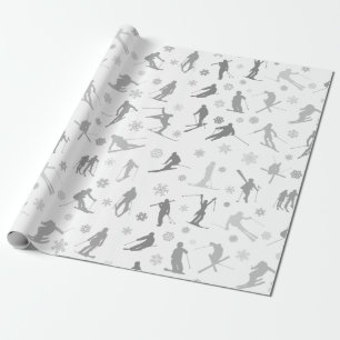 Pattern Of Skiers. Grey Silhouettes On White Wrapping Paper