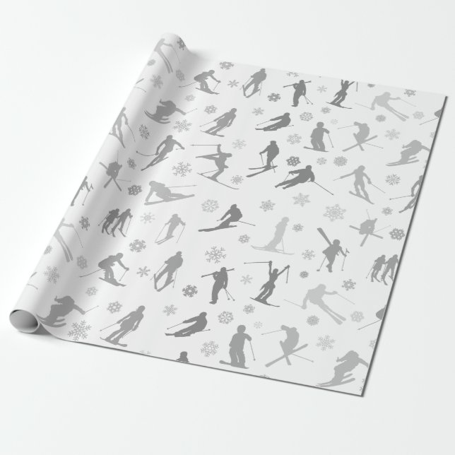Pattern Of Skiers. Grey Silhouettes On White Wrapping Paper (Unrolled)