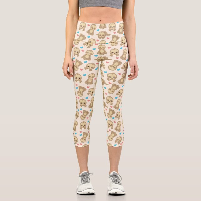 Pattern Of Sloths, Cute Sloths, Hearts Capri Leggings (Front)