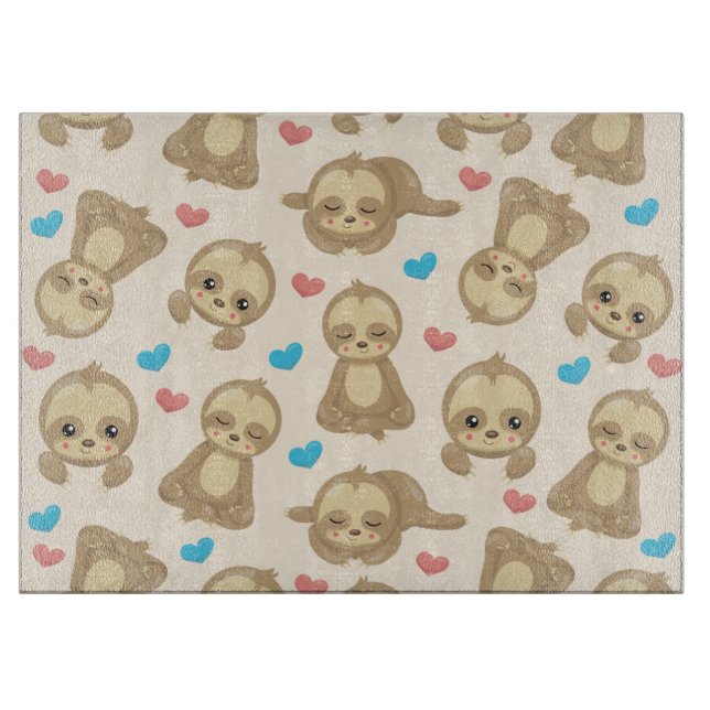Pattern Of Sloths, Cute Sloths, Hearts Cutting Board (Front)