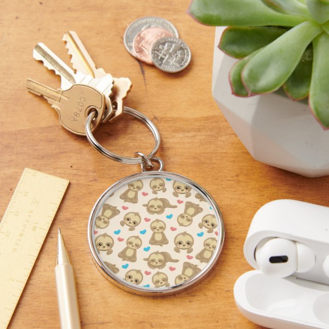 Pattern Of Sloths, Cute Sloths, Hearts Key Ring (Desk)