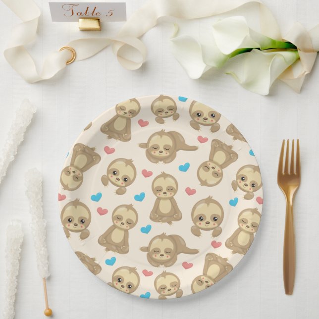Pattern Of Sloths, Cute Sloths, Hearts Paper Plate (Wedding)
