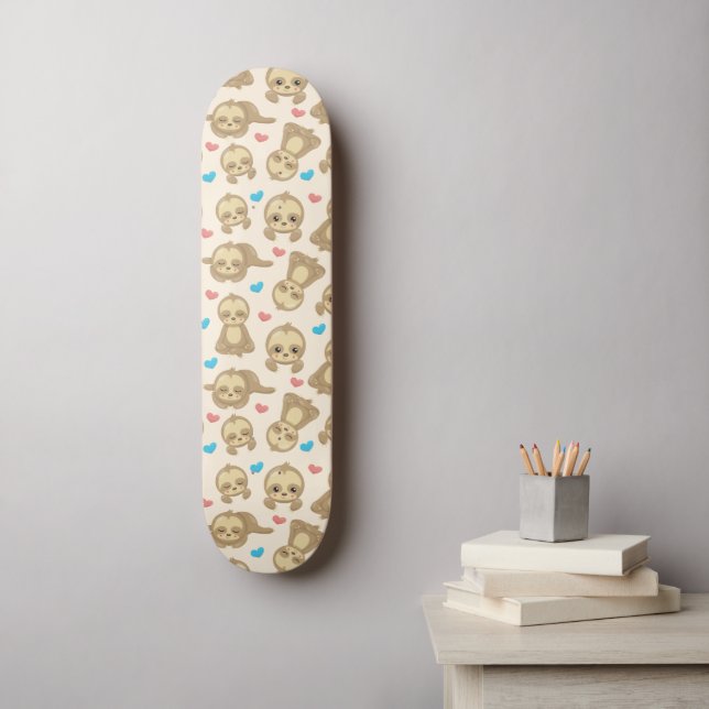 Pattern Of Sloths, Cute Sloths, Hearts Skateboard (Wall Art)