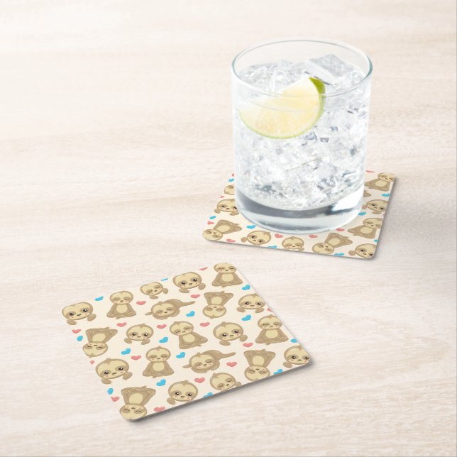 Pattern Of Sloths, Cute Sloths, Hearts Square Paper Coaster (Insitu)
