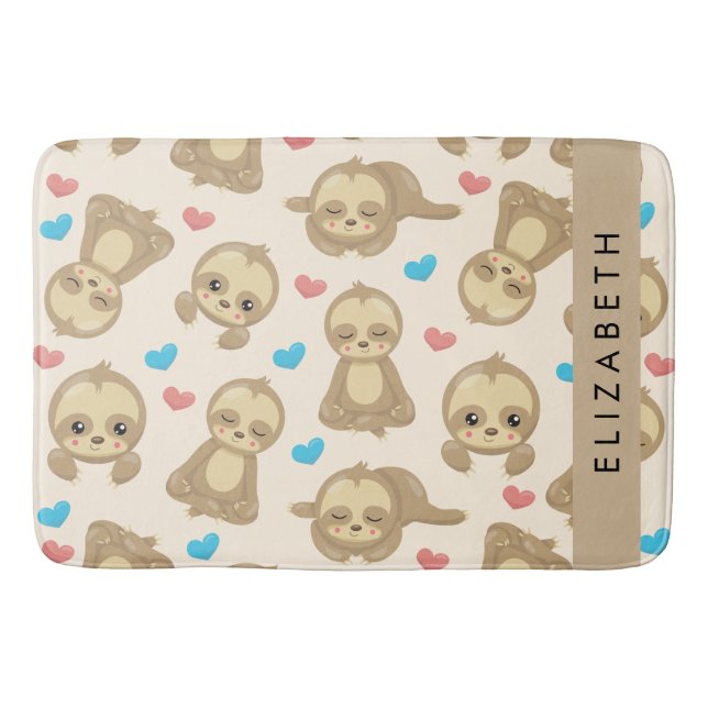 Pattern Of Sloths, Cute Sloths, Hearts, Your Name Bath Mat (Front)