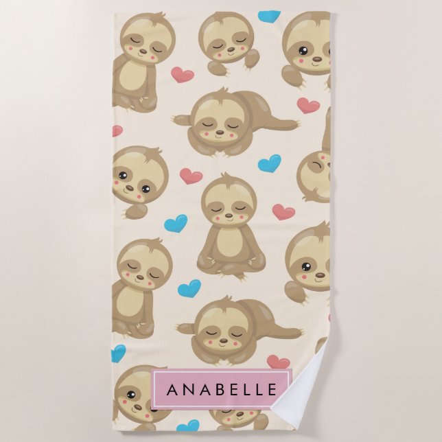 Pattern Of Sloths, Cute Sloths, Hearts, Your Name Beach Towel (Front)