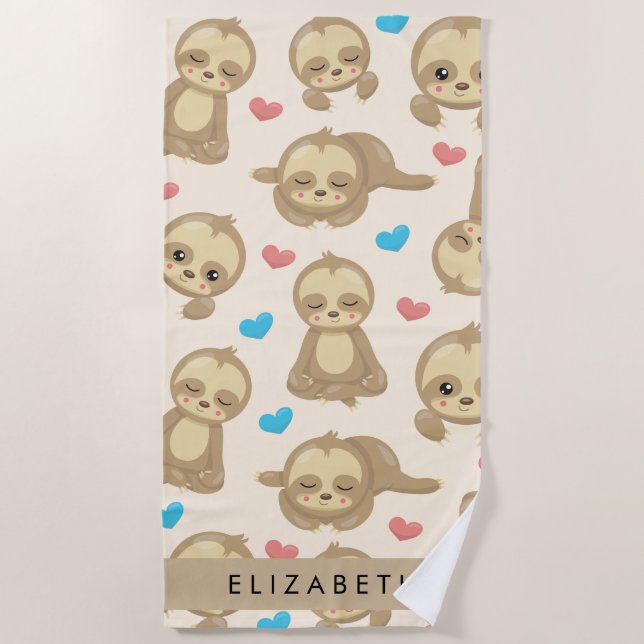 Pattern Of Sloths, Cute Sloths, Hearts, Your Name Beach Towel (Front)