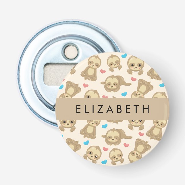 Pattern Of Sloths, Cute Sloths, Hearts, Your Name Bottle Opener (Front)