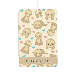 Pattern Of Sloths, Cute Sloths, Hearts, Your Name Car Air Freshener