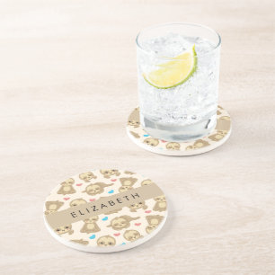 Pattern Of Sloths, Cute Sloths, Hearts, Your Name Coaster