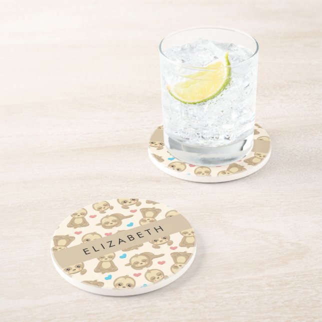 Pattern Of Sloths, Cute Sloths, Hearts, Your Name Coaster (Side)