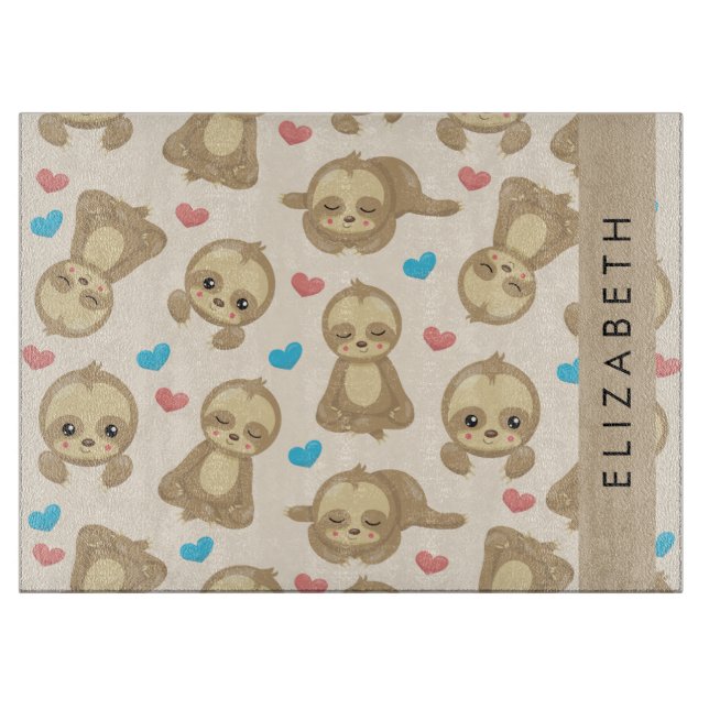 Pattern Of Sloths, Cute Sloths, Hearts, Your Name Cutting Board (Front)