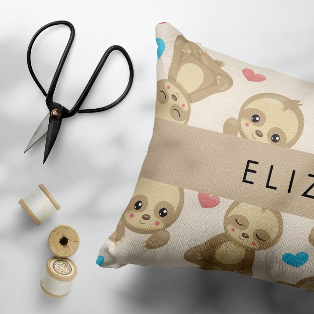 Pattern Of Sloths, Cute Sloths, Hearts, Your Name Decorative Cushion (Creator Uploaded)