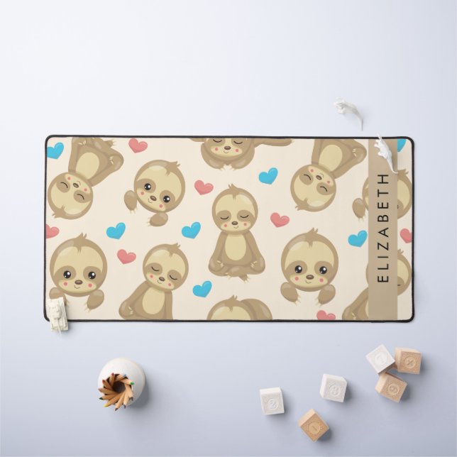 Pattern Of Sloths, Cute Sloths, Hearts, Your Name Desk Mat (Kids Table)