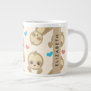 Pattern Of Sloths, Cute Sloths, Hearts, Your Name Large Coffee Mug