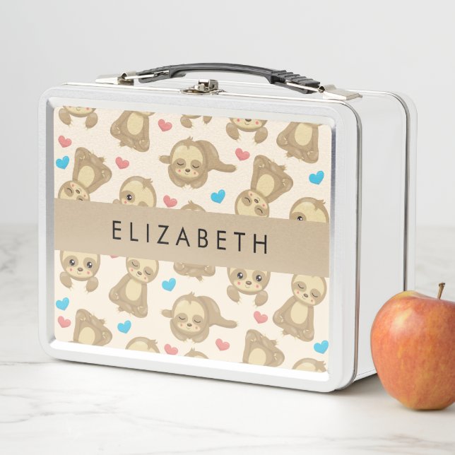 Pattern Of Sloths, Cute Sloths, Hearts, Your Name Metal Lunch Box (In Situ)