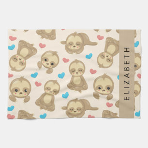 Pattern Of Sloths, Cute Sloths, Hearts, Your Name Tea Towel