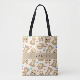 Pattern Of Sloths, Cute Sloths, Hearts, Your Name Tote Bag