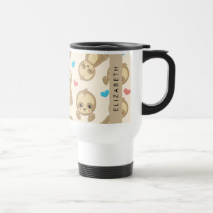 Pattern Of Sloths, Cute Sloths, Hearts, Your Name Travel Mug