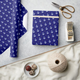 Pattern of Small White Anchors Blue Wrapping Paper