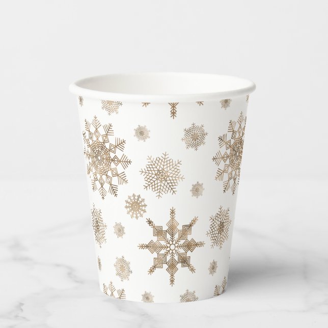 Pattern Of Snowflakes In Golden Yellow Colour Paper Cups (Front)