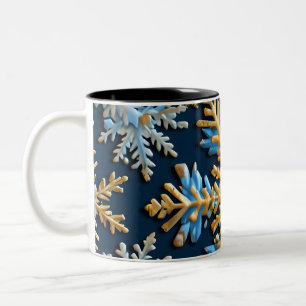  Pattern of snowflakes on a dark blue background Two-Tone Coffee Mug