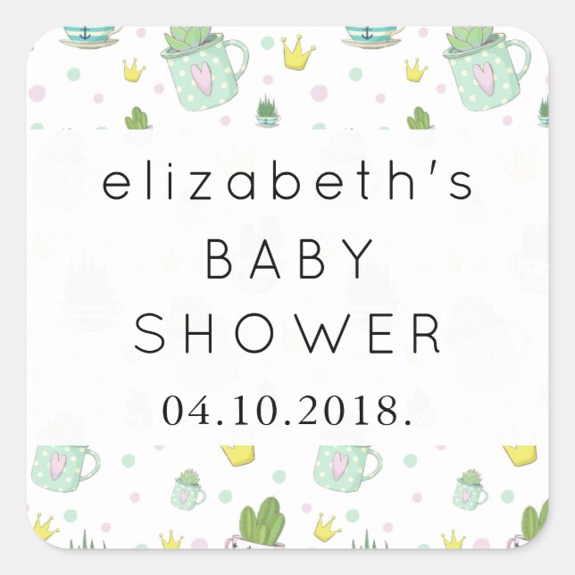 Pattern Of Succulents, Cactus, Crown, Baby Shower Square Sticker (Front)