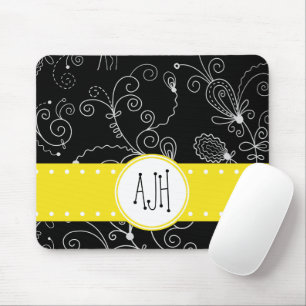 Pattern Of Swirls, Black and White, Monogram Mouse Mat
