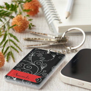 Pattern Of Swirls, Black and White, Your Name Key Ring