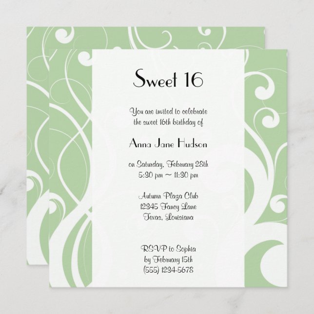 Pattern Of Swirls, Swirl Pattern, Green, Sweet 16 Invitation (Front/Back)