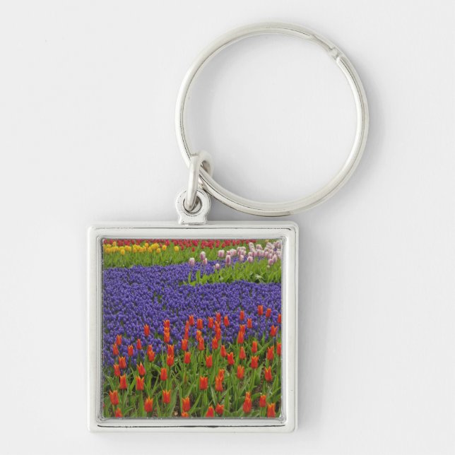 Pattern of tulips and grape hyacinth flowers, 2 key ring (Front)