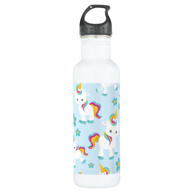 Pattern Of Unicorns, Cute Unicorns, Flowers 710 Ml Water Bottle (Front)