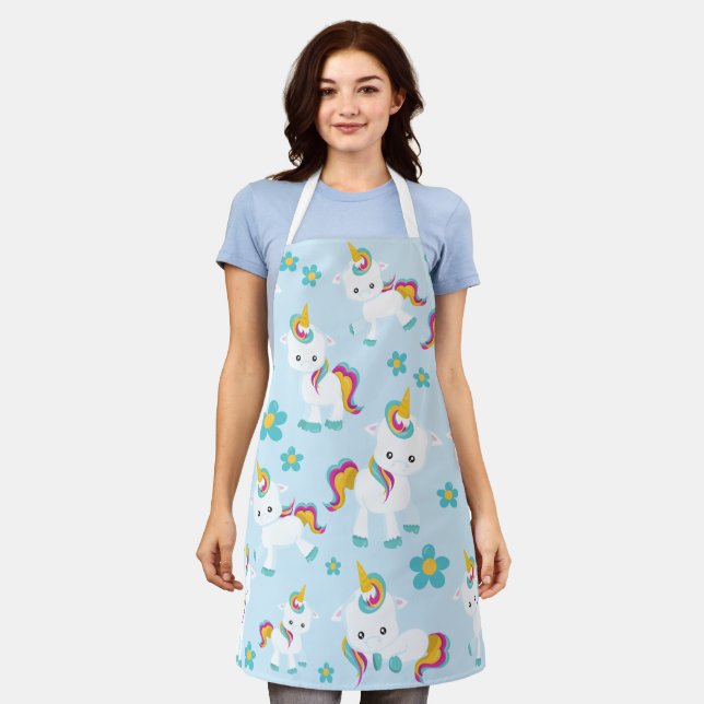 Pattern Of Unicorns, Cute Unicorns, Flowers Apron (Worn)