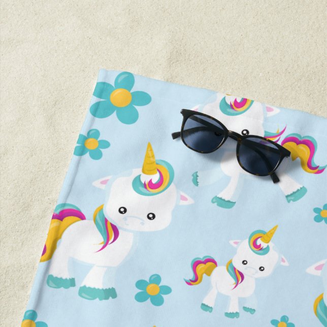 Pattern Of Unicorns, Cute Unicorns, Flowers Beach Towel (In Situ)