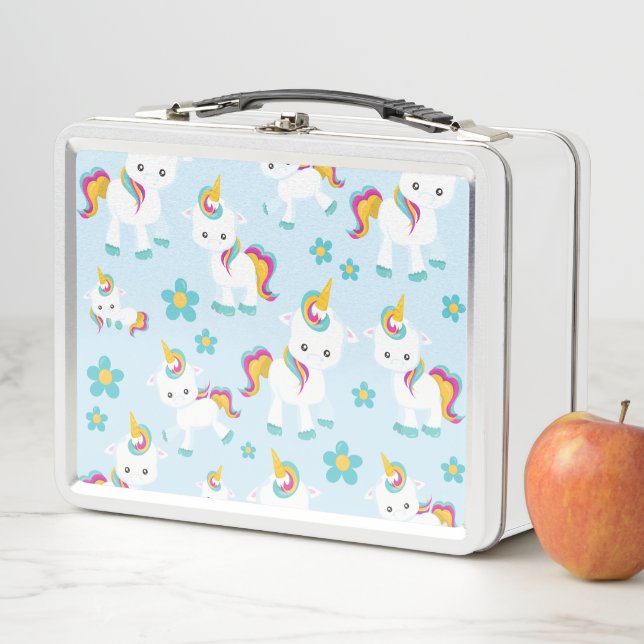 Pattern Of Unicorns, Cute Unicorns, Flowers Metal Lunch Box (In Situ)