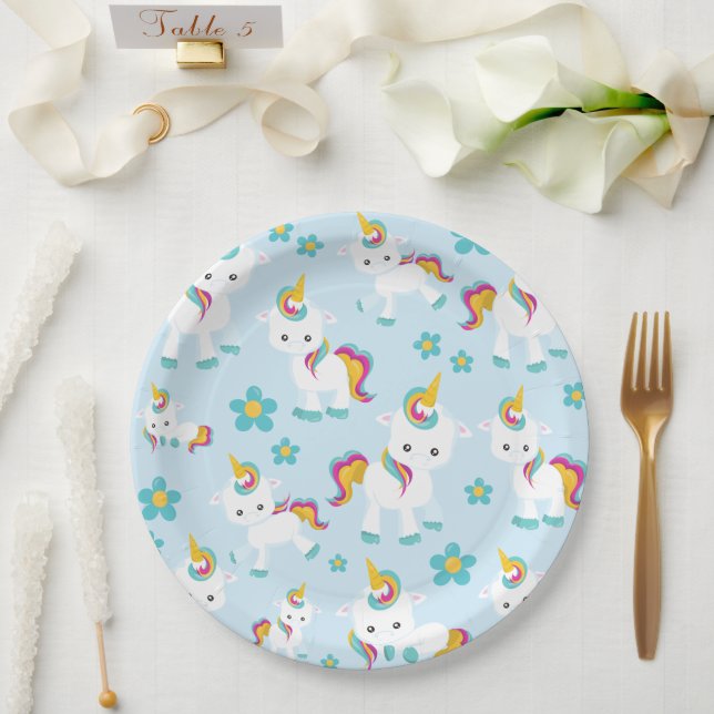Pattern Of Unicorns, Cute Unicorns, Flowers Paper Plate (Wedding)