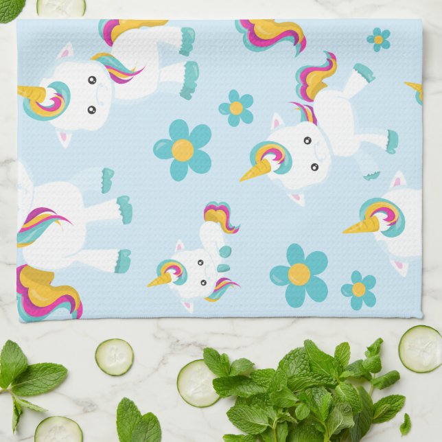 Pattern Of Unicorns, Cute Unicorns, Flowers Tea Towel (Folded)