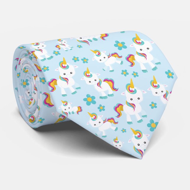 Pattern Of Unicorns, Cute Unicorns, Flowers Tie (Rolled)