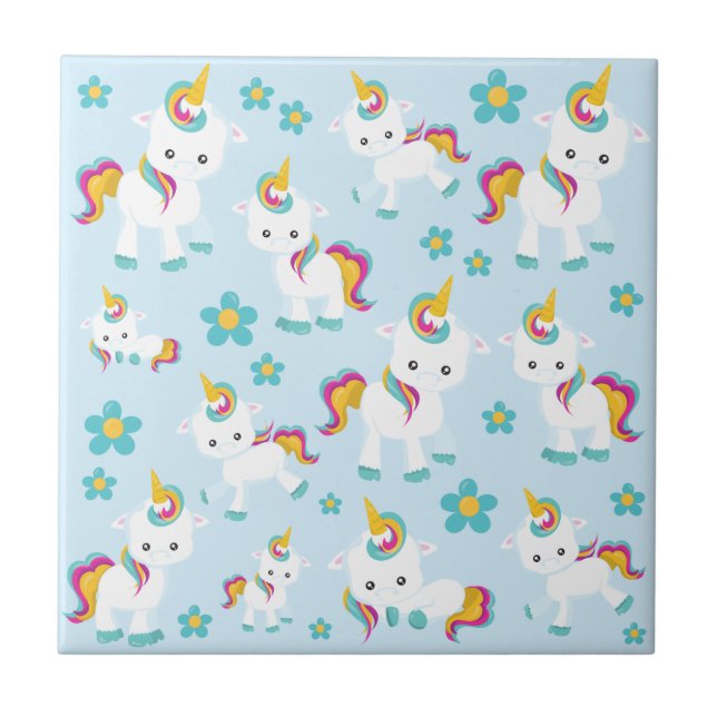 Pattern Of Unicorns, Cute Unicorns, Flowers Tile (Front)