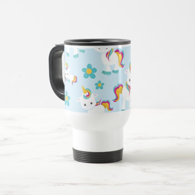 Pattern Of Unicorns, Cute Unicorns, Flowers Travel Mug (Front Left)