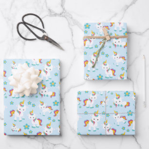 Pattern Of Unicorns, Cute Unicorns, Flowers Wrapping Paper Sheet